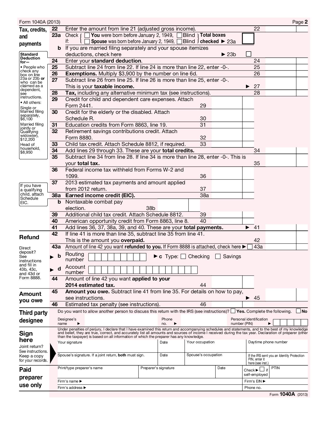 1040A U S Individual Income Tax Return